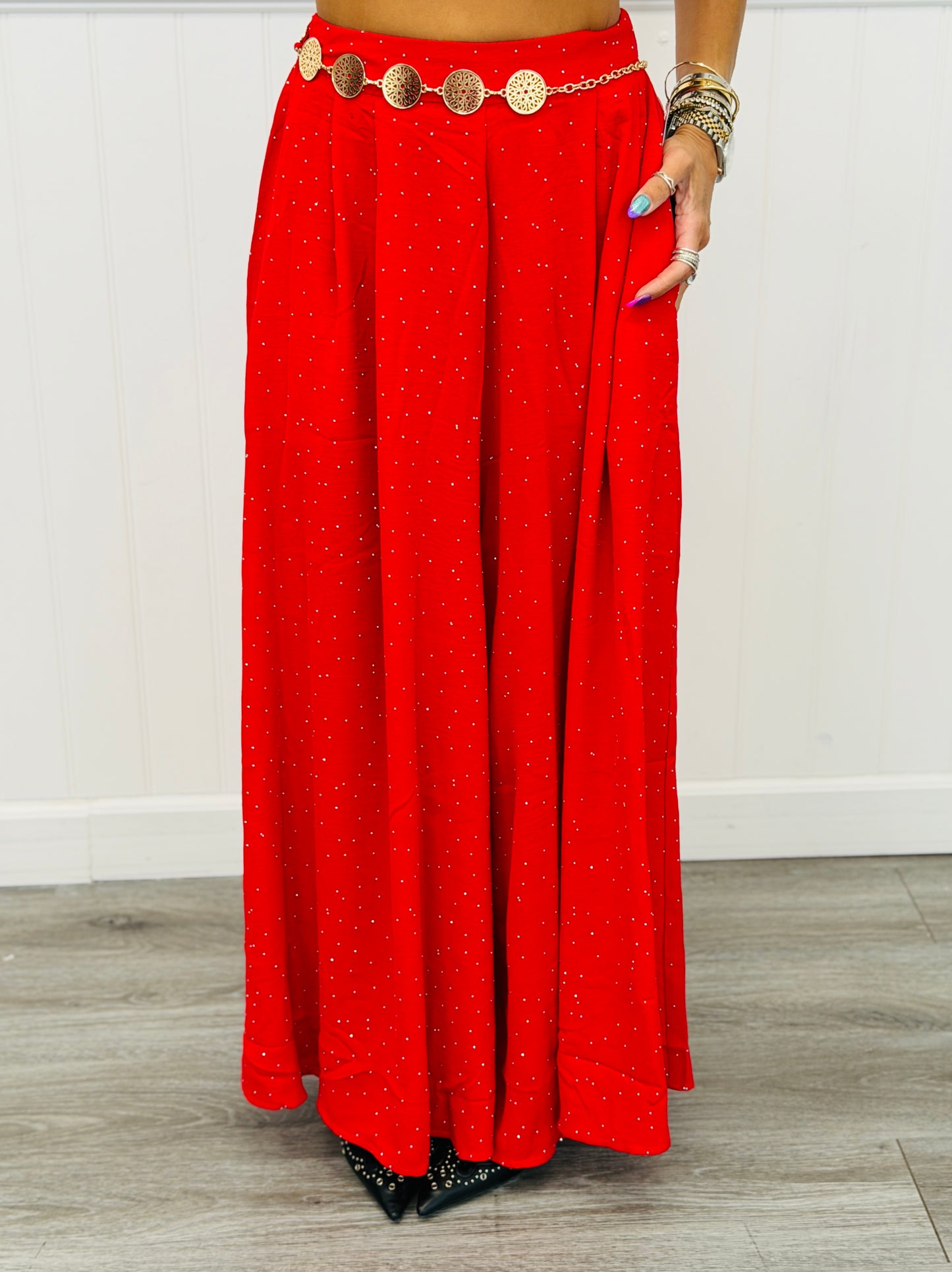 Pleated Front Rhinestone Wide Leg Pants (Reg.) - 2 Colors