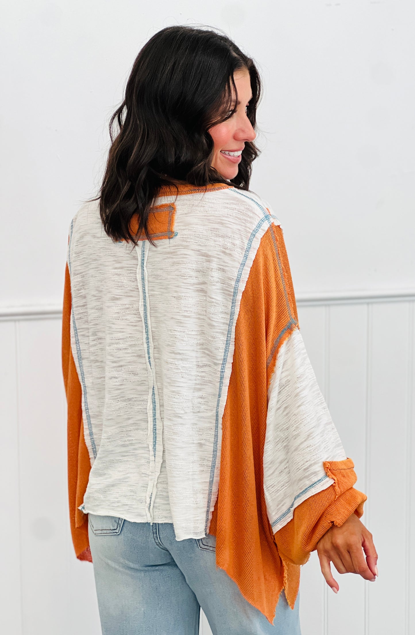 POL Ivory/Orange Color Block Balloon Sleeve Top (Reg.)