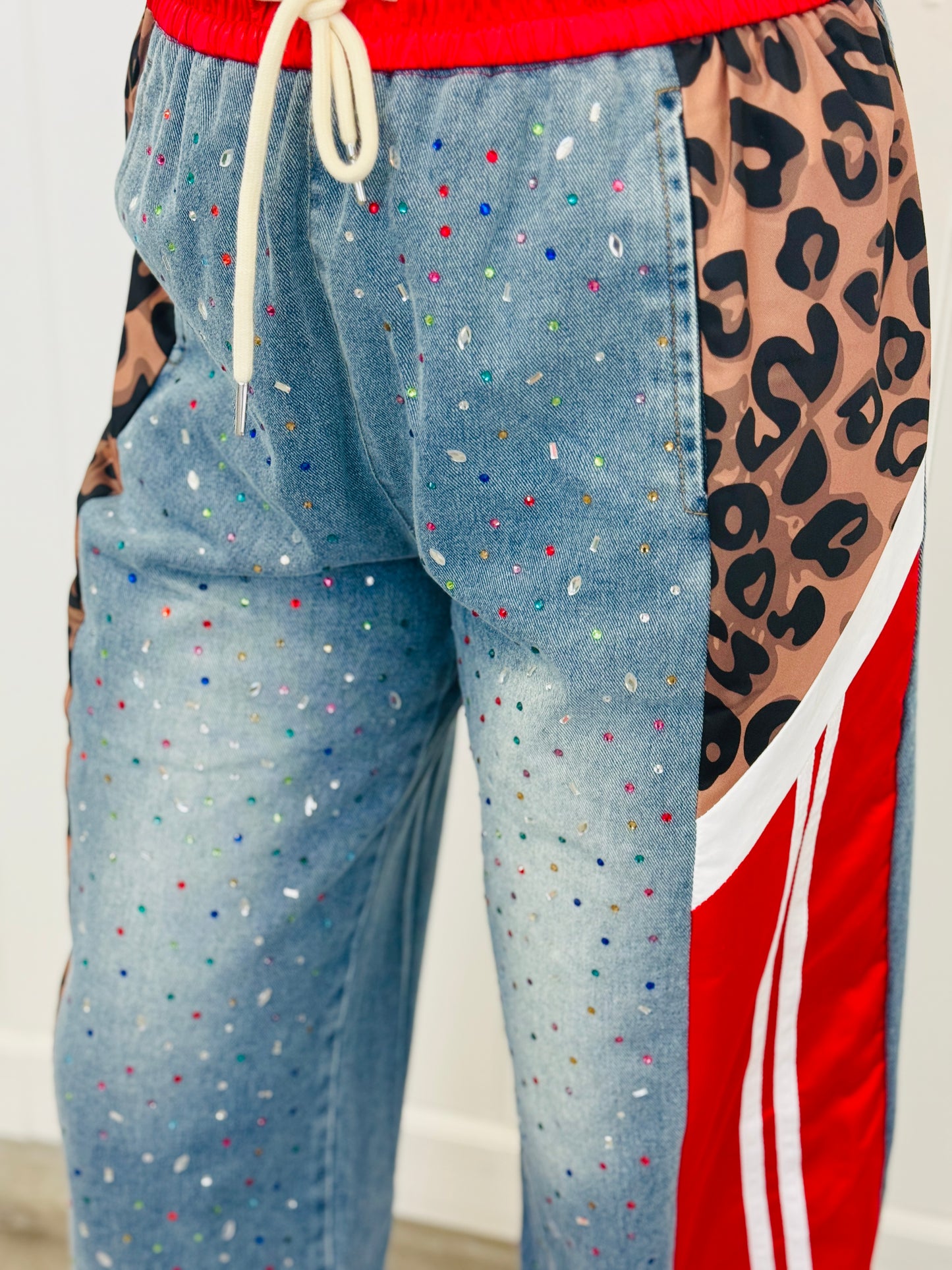 Red/ Denim Rhinestone Jogger Pants (Reg & Plus)