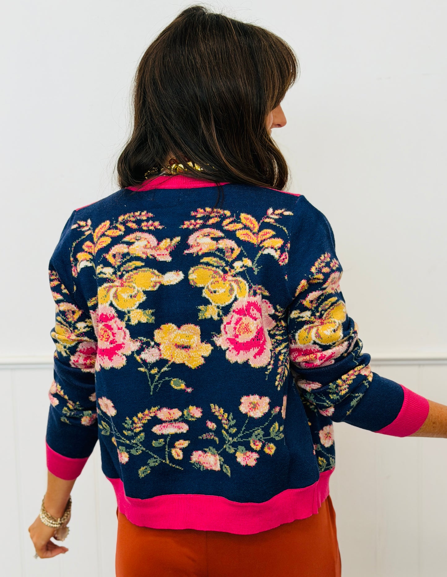 Navy/Fuchsia Floral Button Front Cardigan (Reg.)