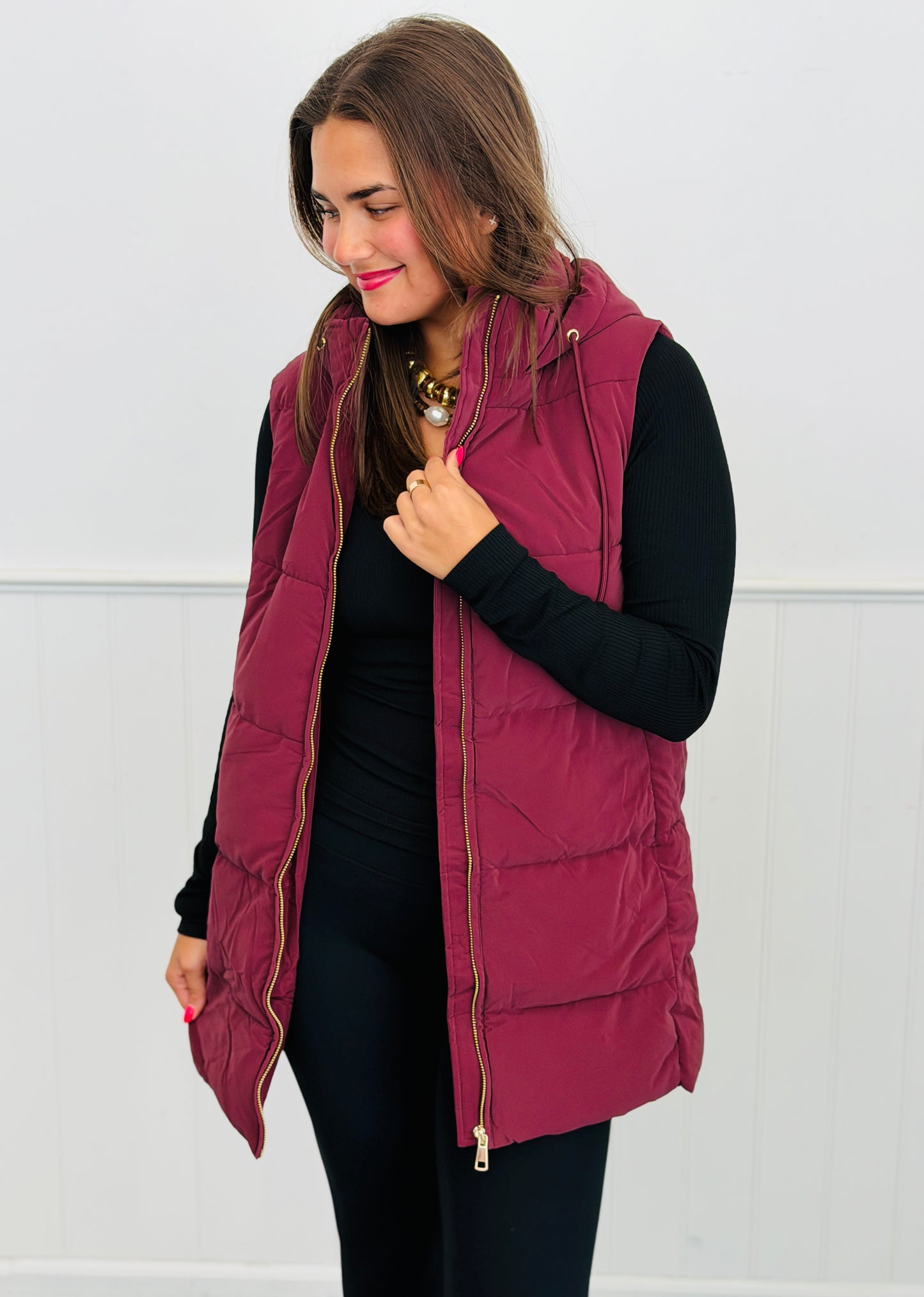 Wine Long Hooded Puffer Vest (Reg.)
