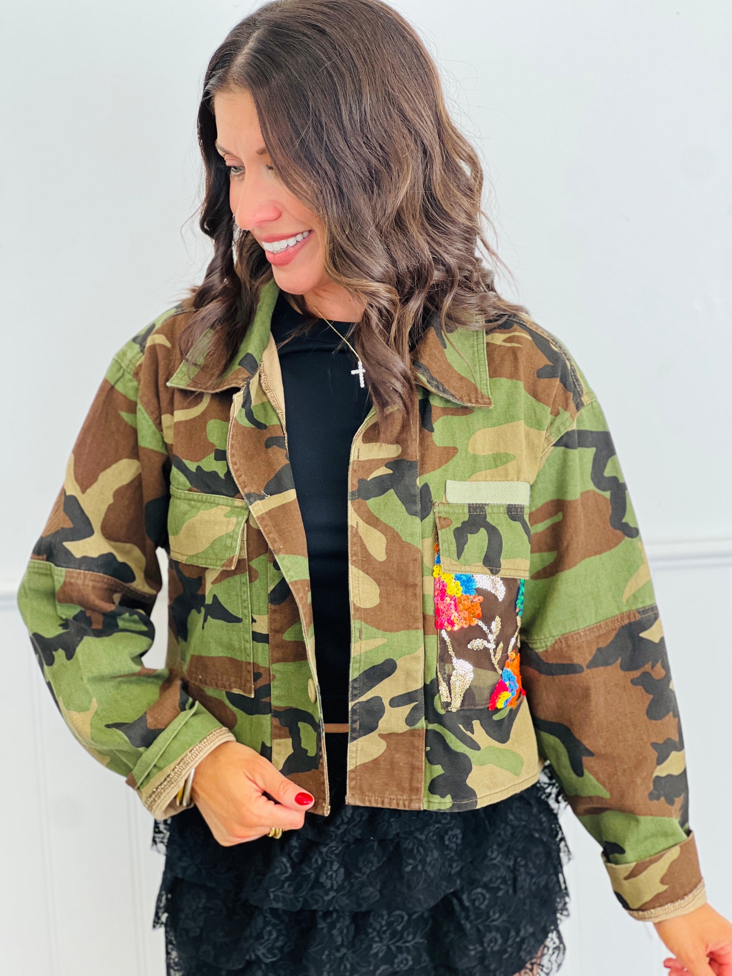 Camo Print Contrast Sequin Jacket (Reg. and Plus)