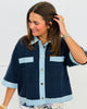 Navy Contrast Short Sleeve Button Up Top (Reg. and Plus)