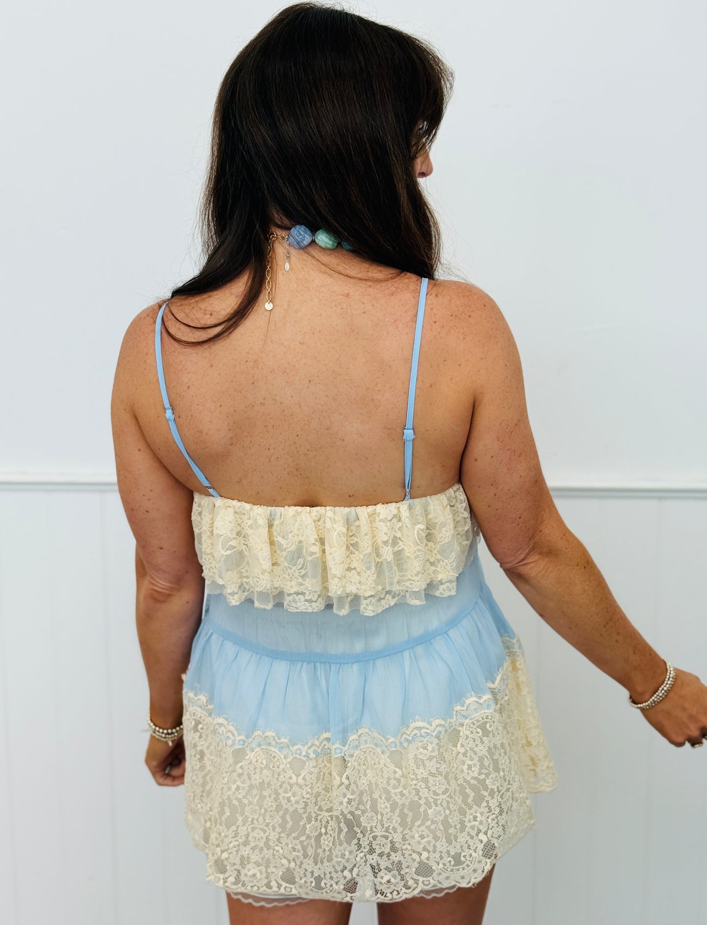 Sky Blue Ruffled Lace Cami Top (Reg & Plus)