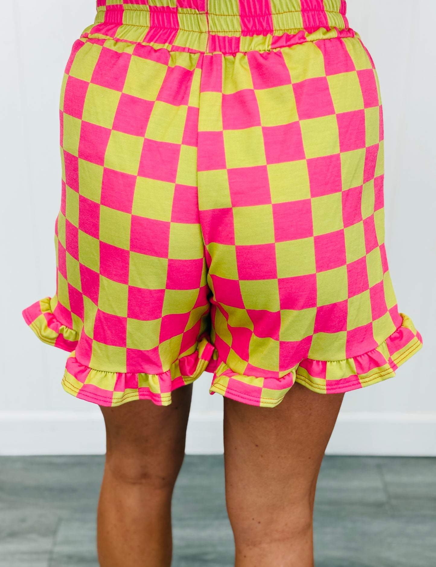 Checkered Print Top & Ruffle Shorts Set (Reg. & Plus) - 4 Colors
