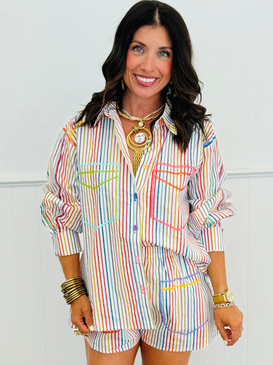 Queen Of Sparkles Rainbow Striped Button Up Pocket Top (Reg. & Plus)