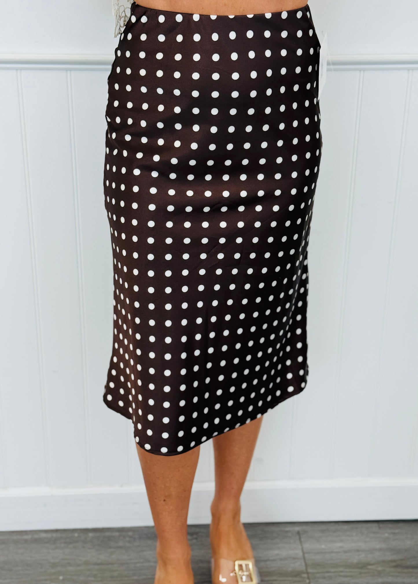 Brown Polka Dot Satin Midi Skirt (Reg.)