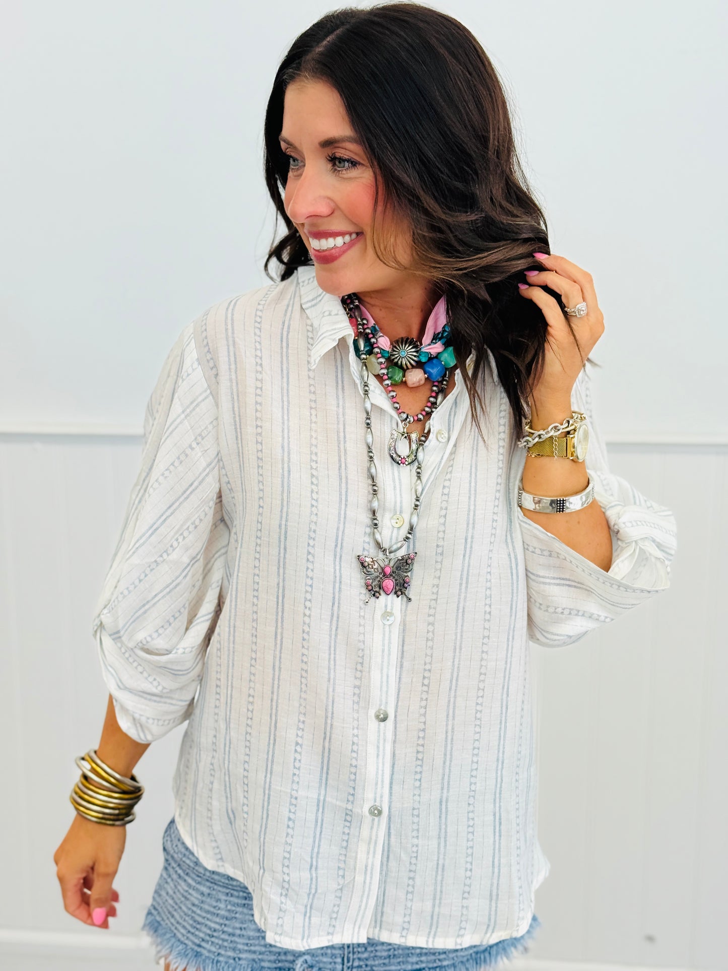 White Striped Half Sleeve Button Up Blouse (Reg. and Plus)