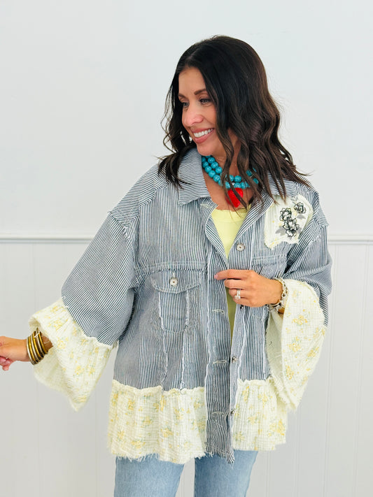 POL Striped Denim Floral Patch Jacket (Reg.)