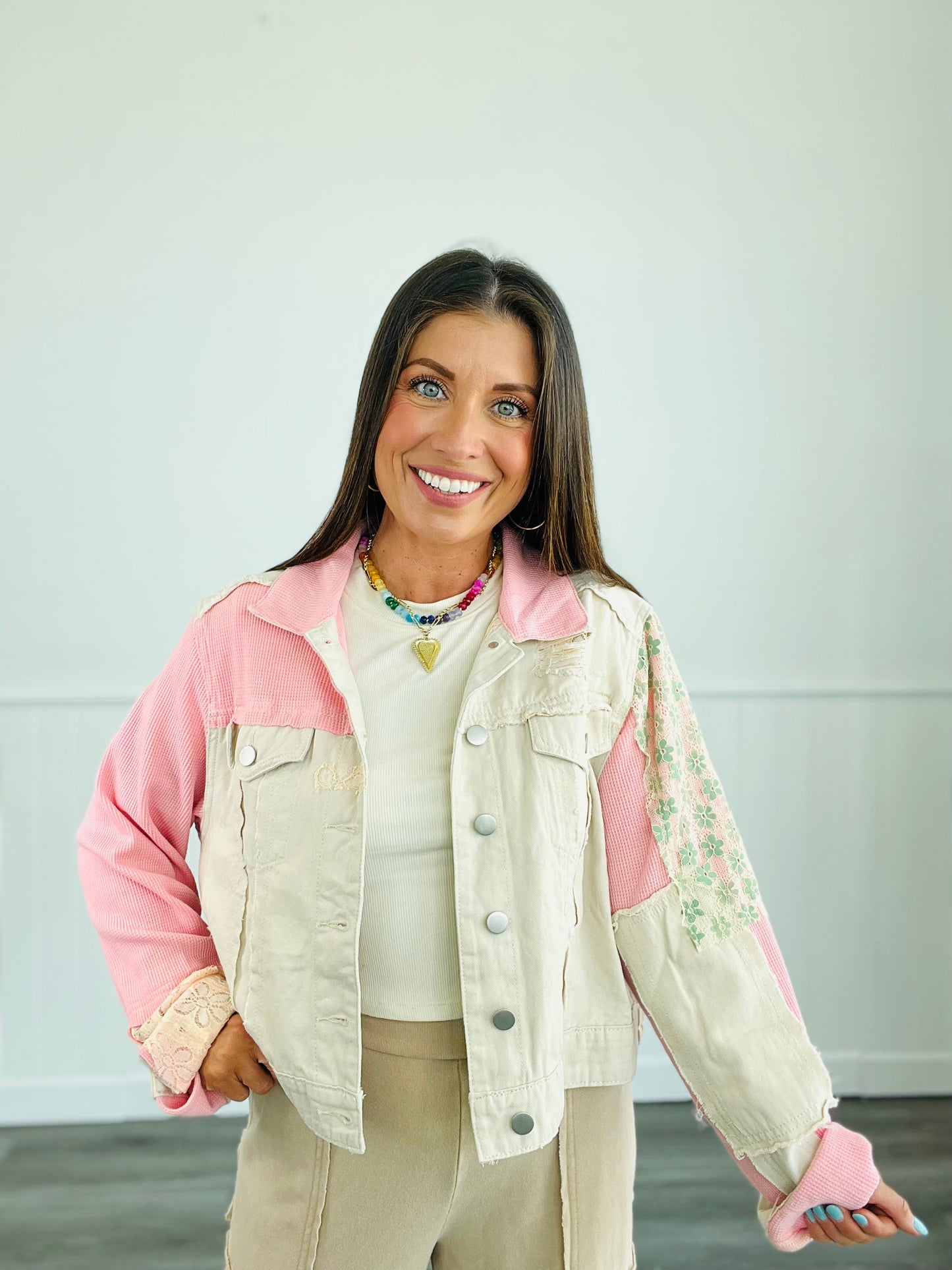 POL- Natural-Pink Floral Denim Jacket (Reg)