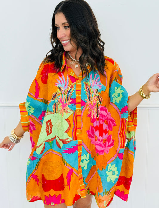 Floral Beaded Dolman Sleeve Button Up Top (One Size)