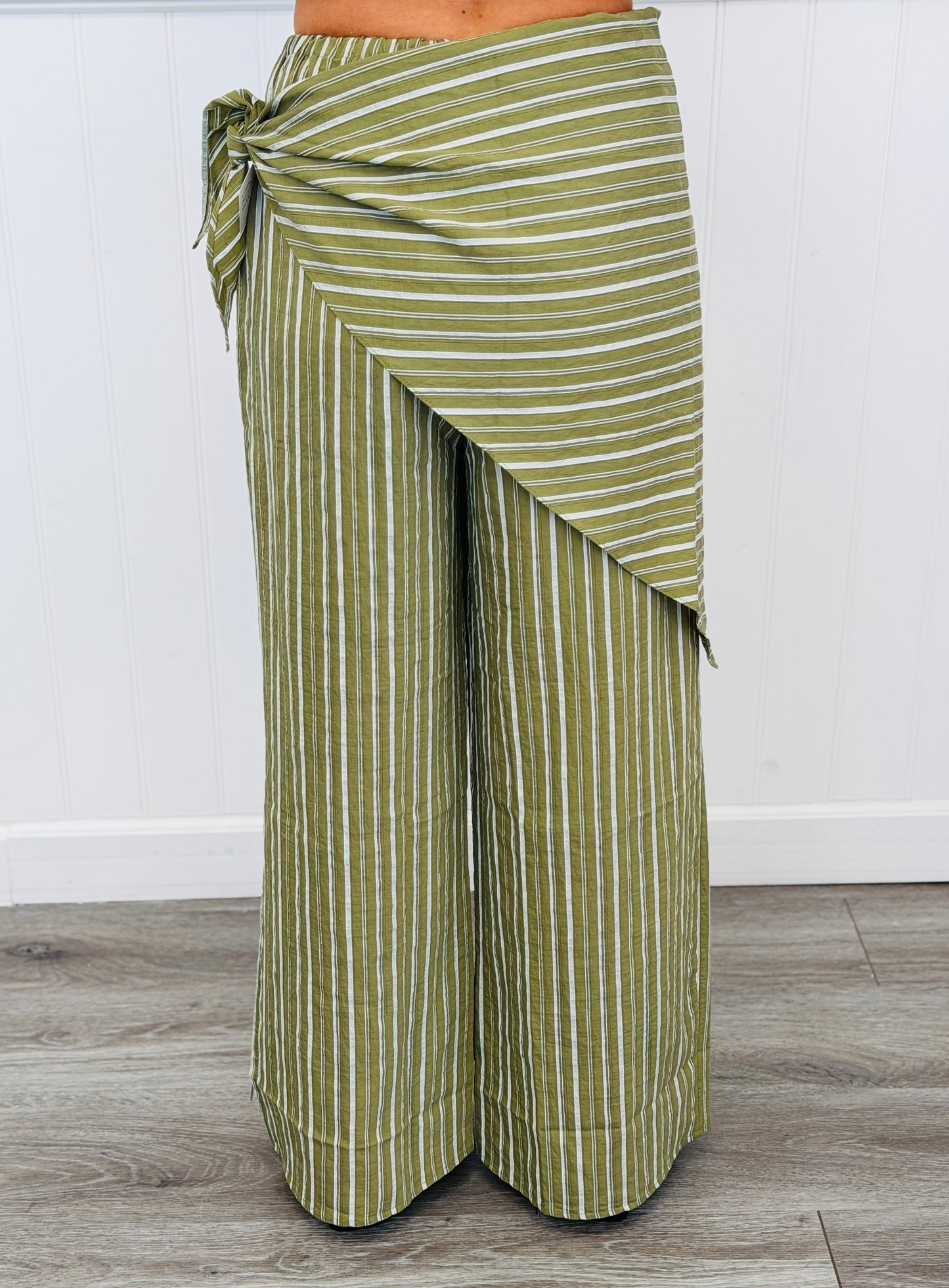 Olive Striped Front Wrap Detail Pants (Reg.)