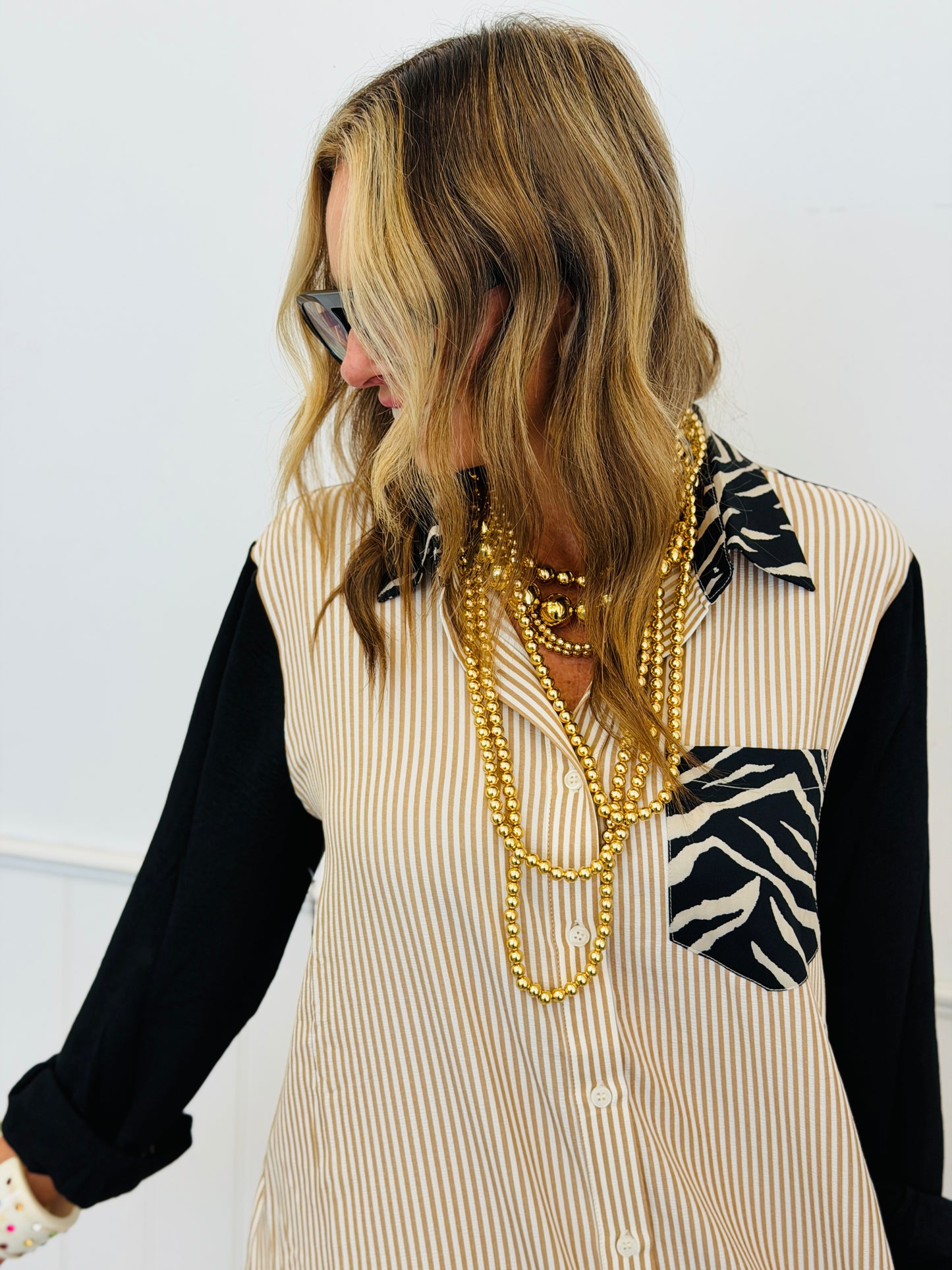 Black/Ivory Contrast Zebra Print Shirt Dress (Reg & Plus)