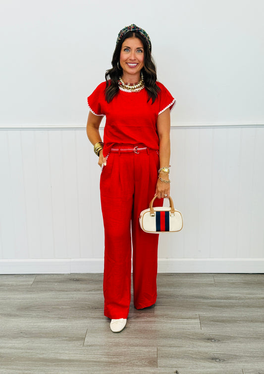 Red Embroidery Accent Wide Leg Pants (Reg.)