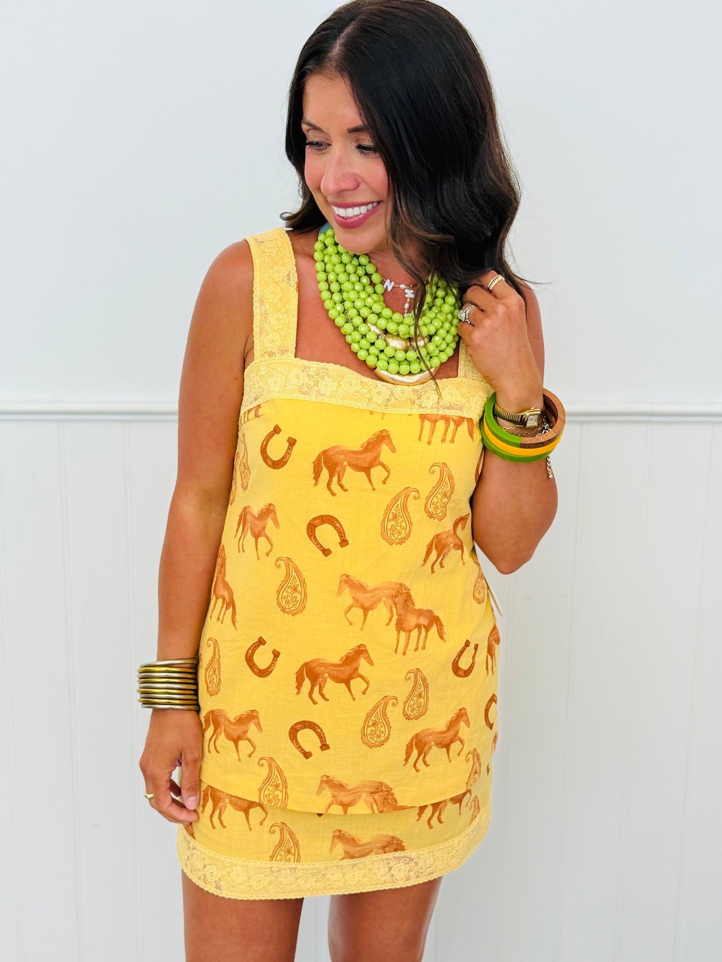 Honey Horse Print Lace Trim Mini Dress (Reg.)