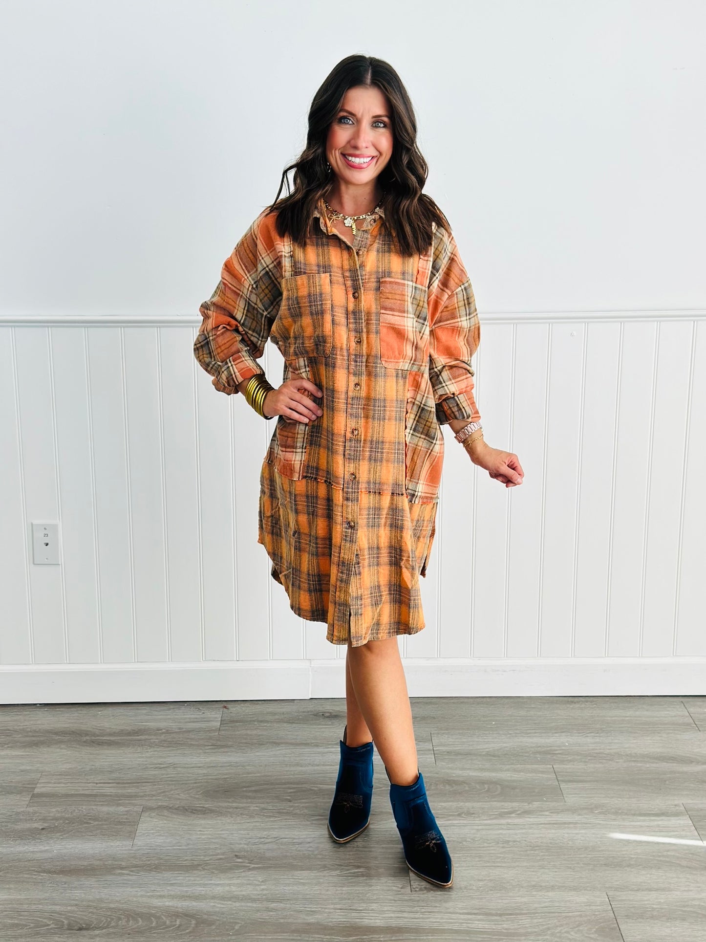 Rust Plaid Midi Shirt Dress (Reg & Plus)