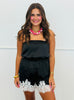 Black Satin Strappy Lace Trim Romper (Reg.)