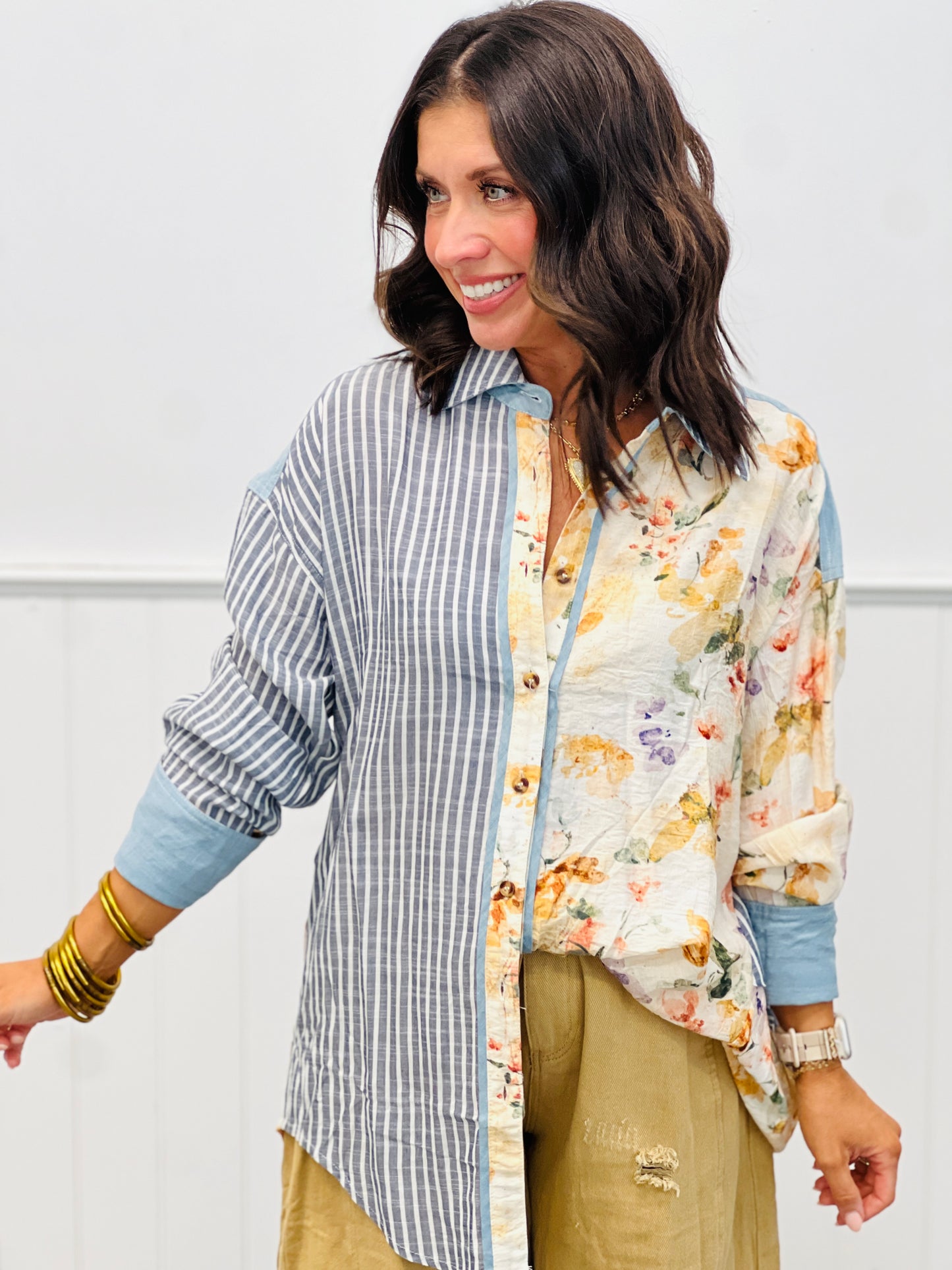 Denim/Ivory Floral & Stripe Button Up Top (Reg. and Plus)