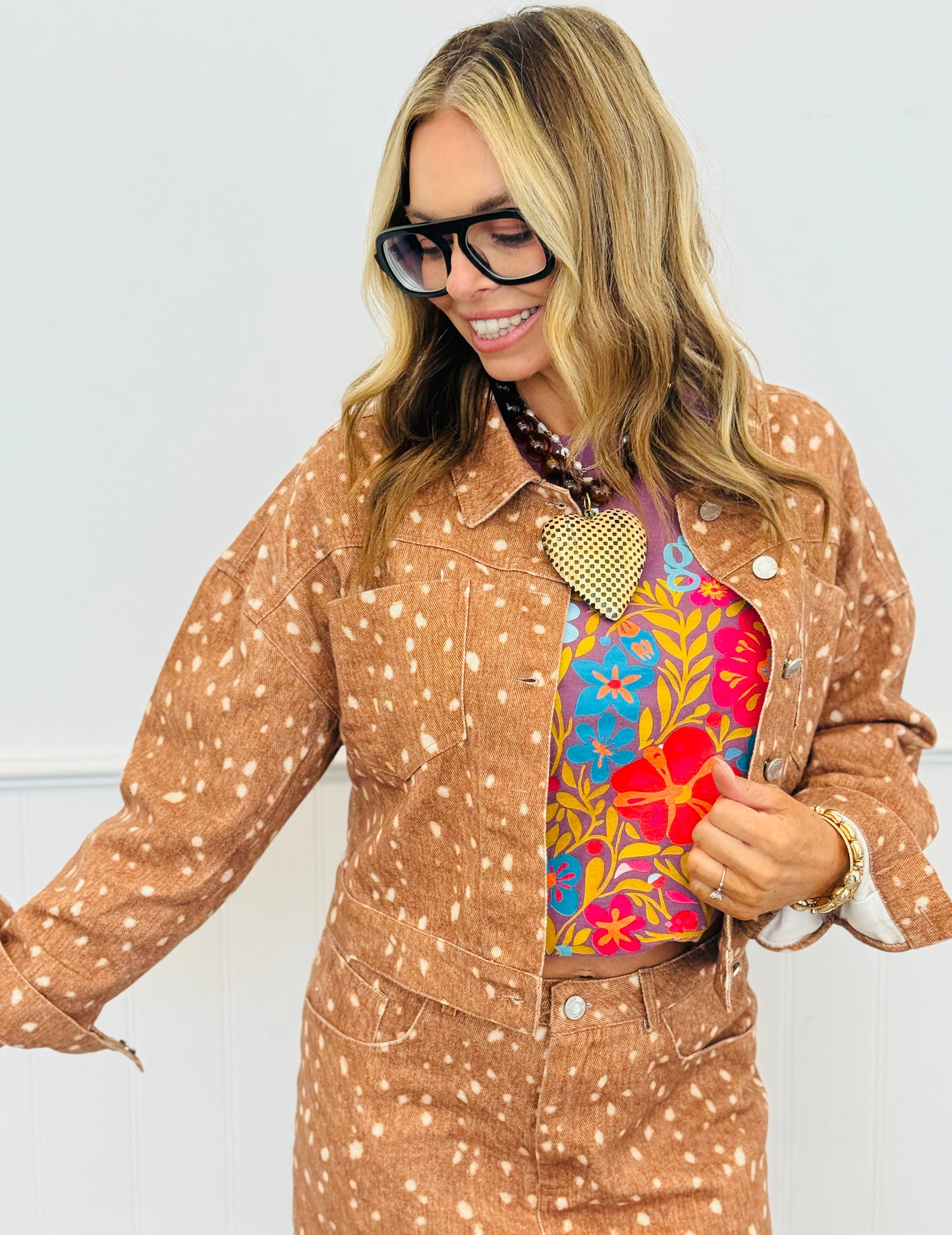 Taupe Mix Dot Print Jacket & Mini Skirt Set (Reg.)