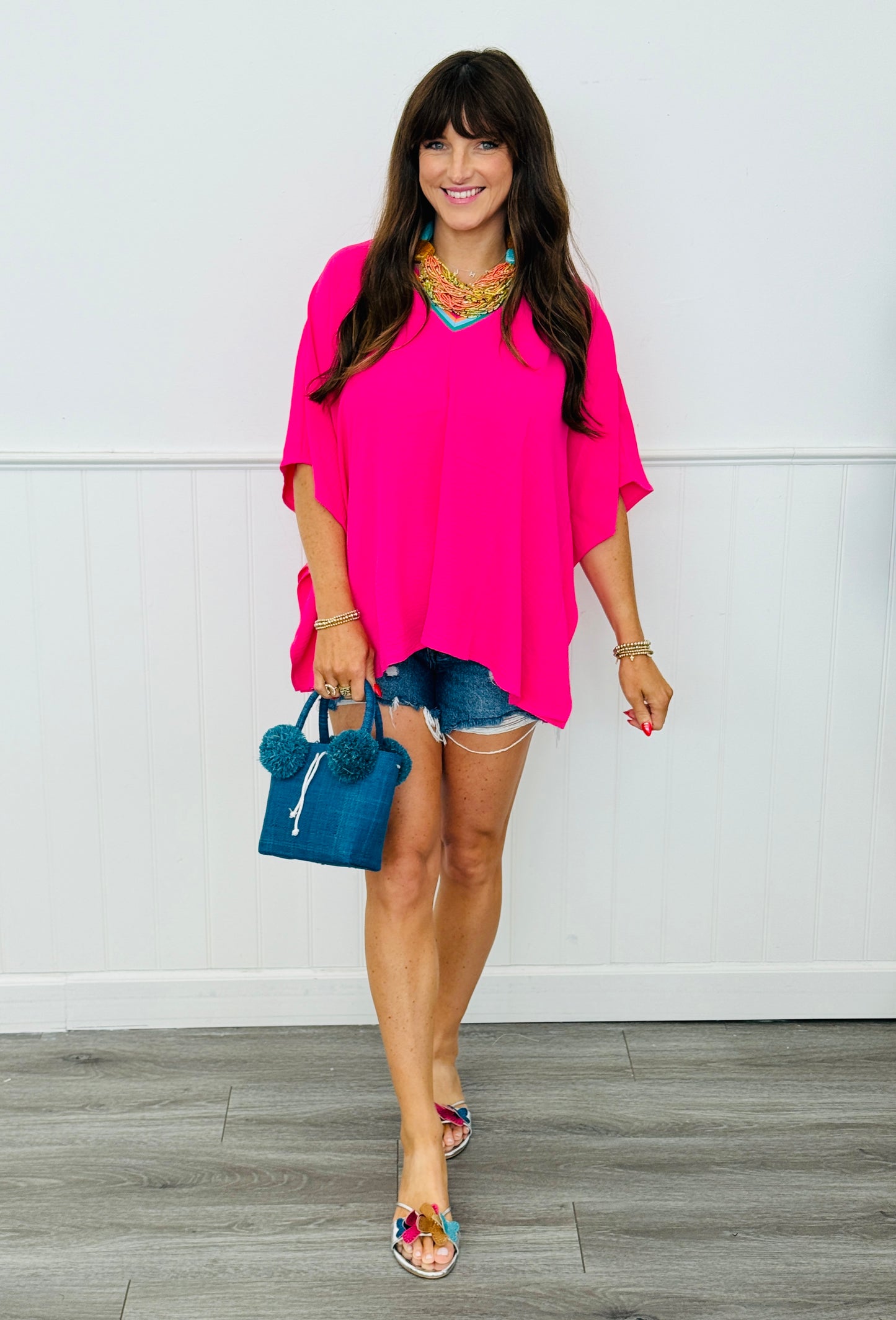 Contrast Neck Batwing Sleeve Top (Reg.) - 2 Colors