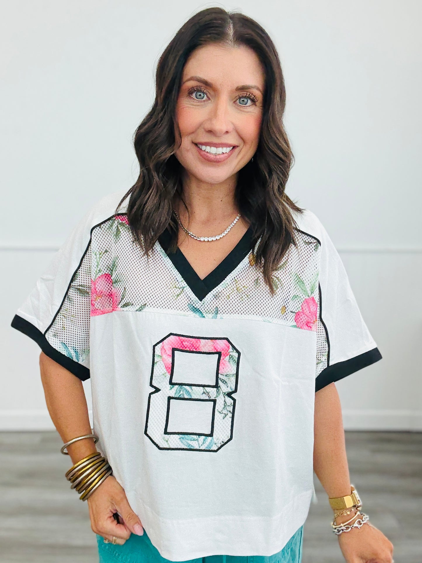 White Combo Floral Mesh Number 8 Top (Reg & Plus)