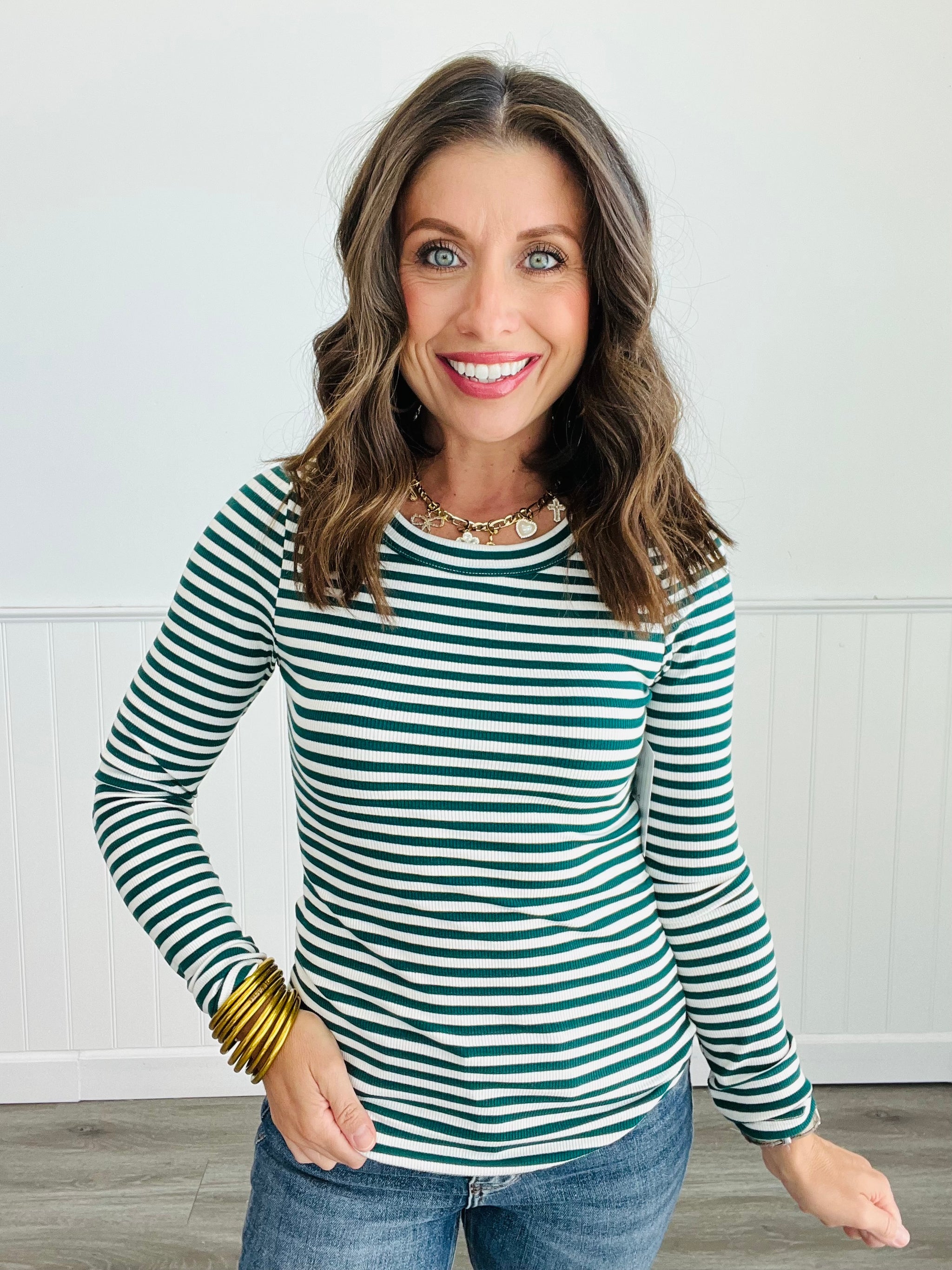 Green Sensational Striped LS Top (Reg) Walker Rose Boutique