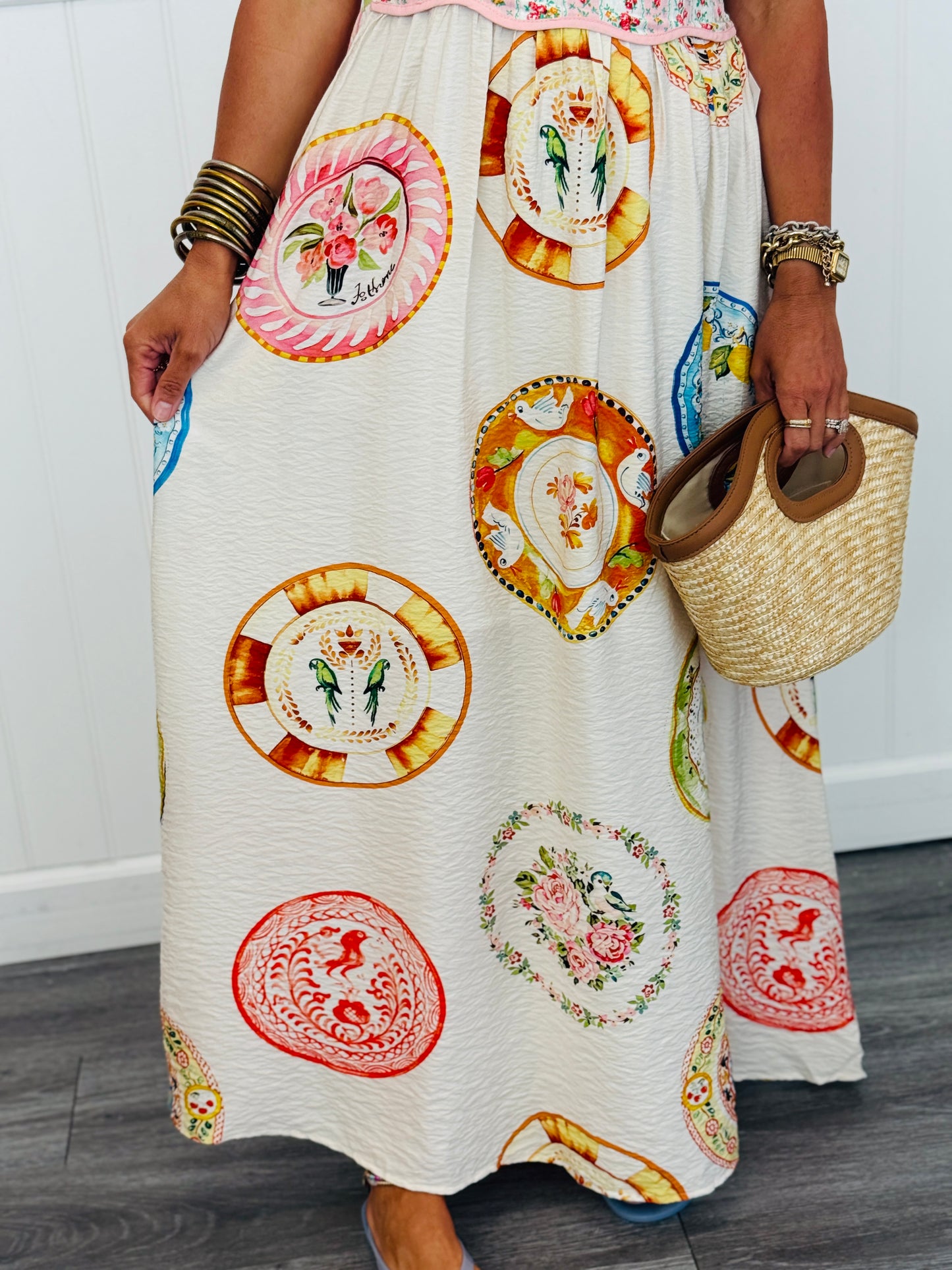 Pink Majolica Plates Maxi Dress (Reg & Plus)
