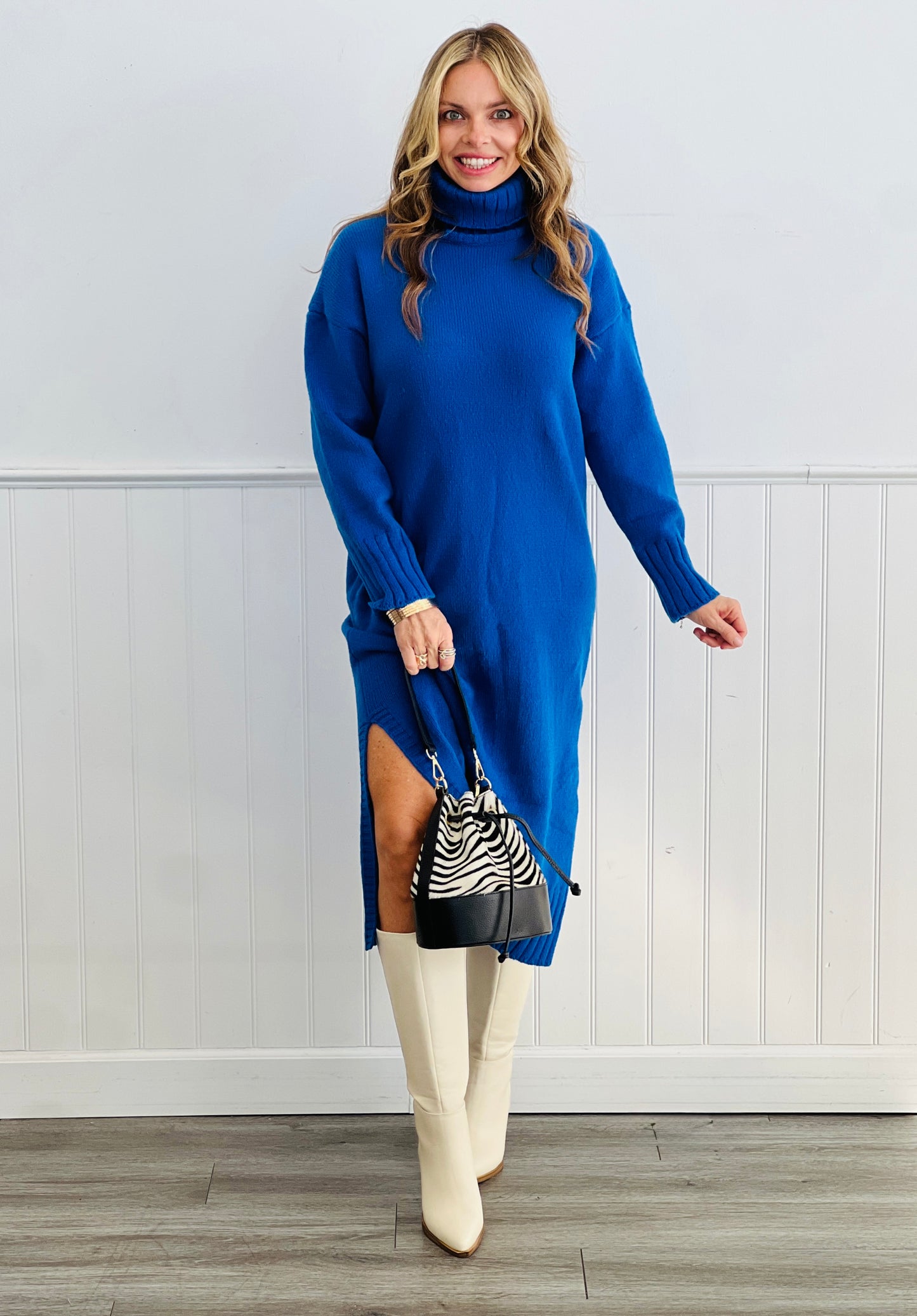 Royal Blue Turtleneck Midi Sweater Dress (Reg & Plus)