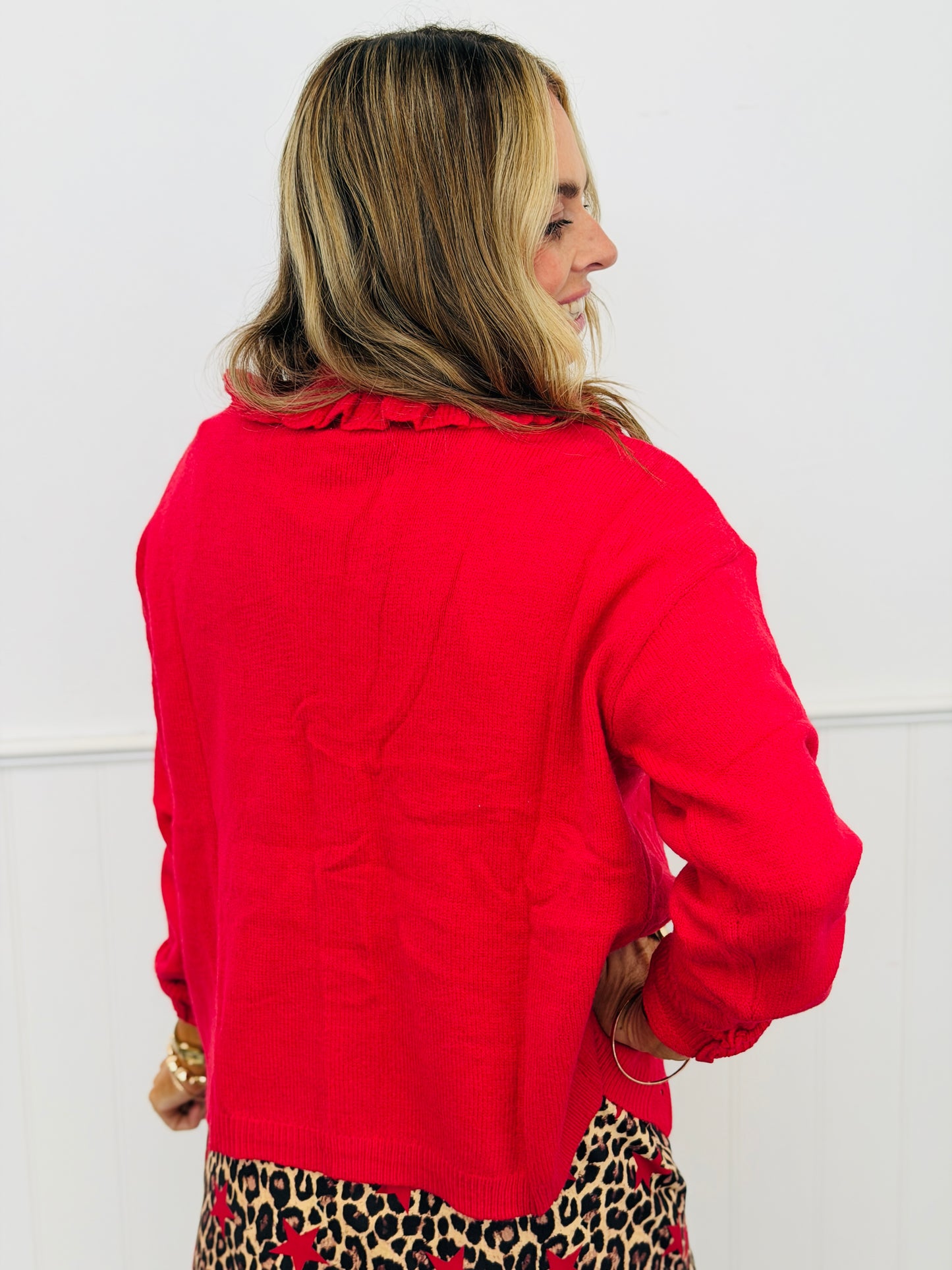 Red Ruffle Collar Button Down Cardigan (Reg. and Plus)