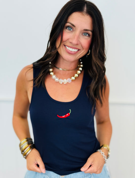 Navy Chili Pepper Embroidered Ribbed Tank Top (Reg.)