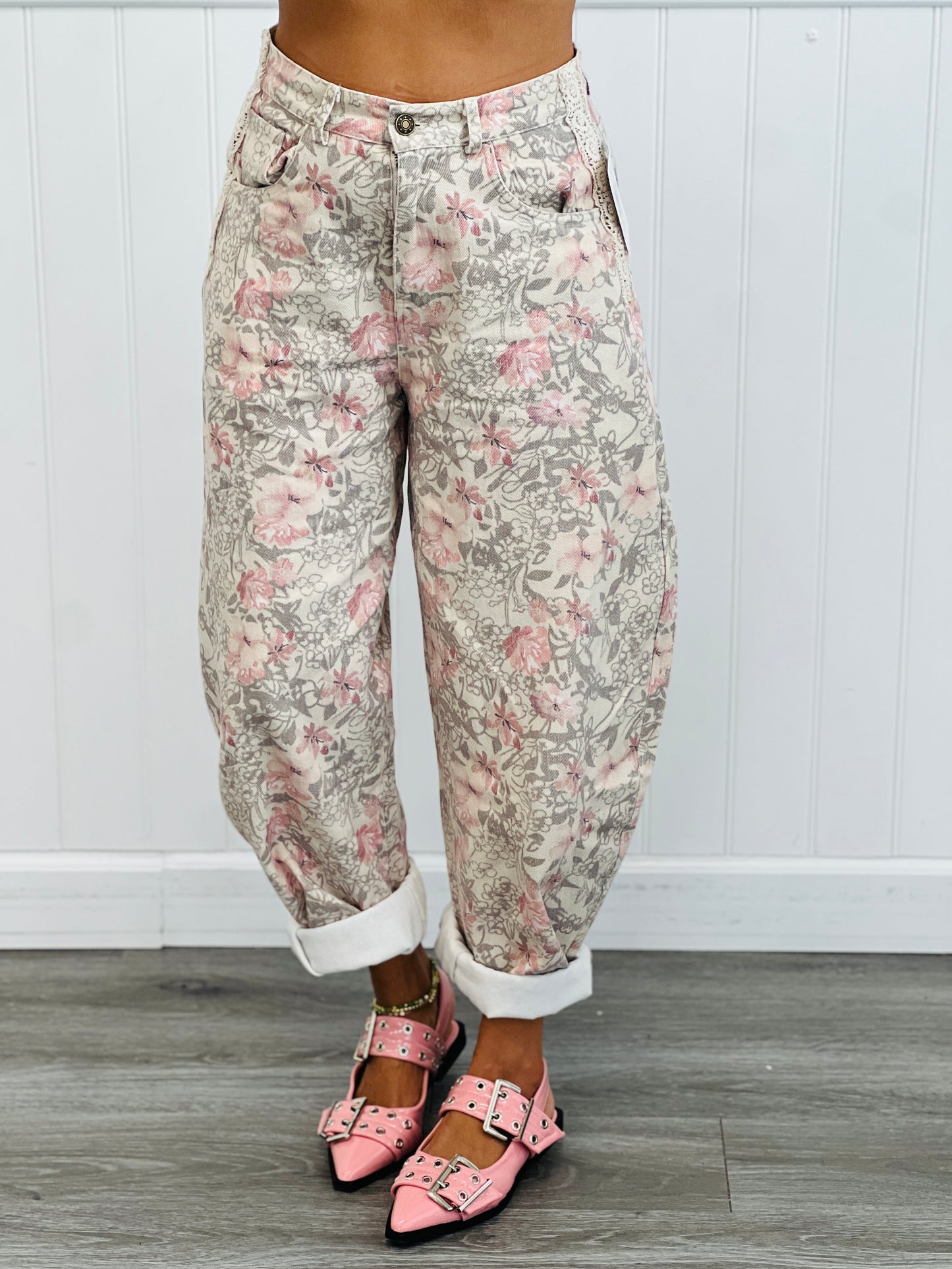 Khaki Floral Print Barrel Pants (Reg & Plus)