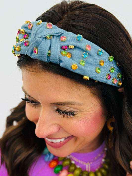 Embellished Denim Knotted Headband