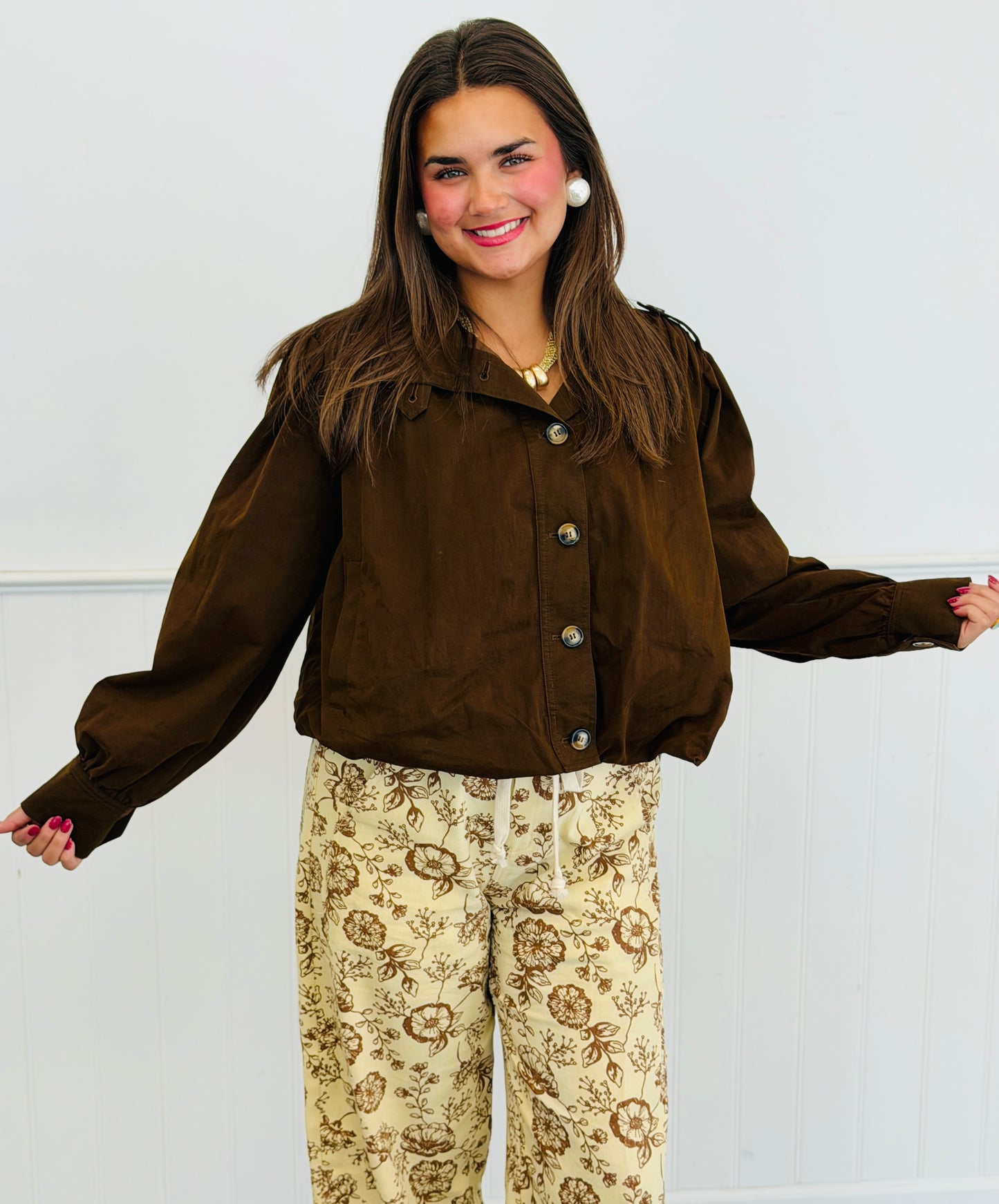 Dark Brown Gathered Hem Bomber Jacket (Reg.)