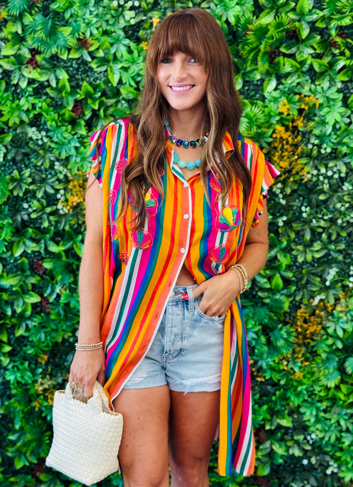 Striped Seashell Ruffle Sleeves Mini Dress (One Size)