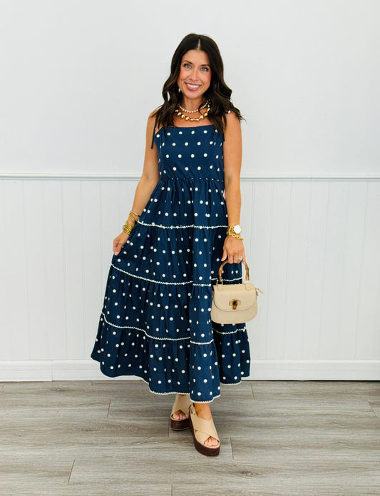 Navy Polka Dot Tiered Midi Dress (Reg.)