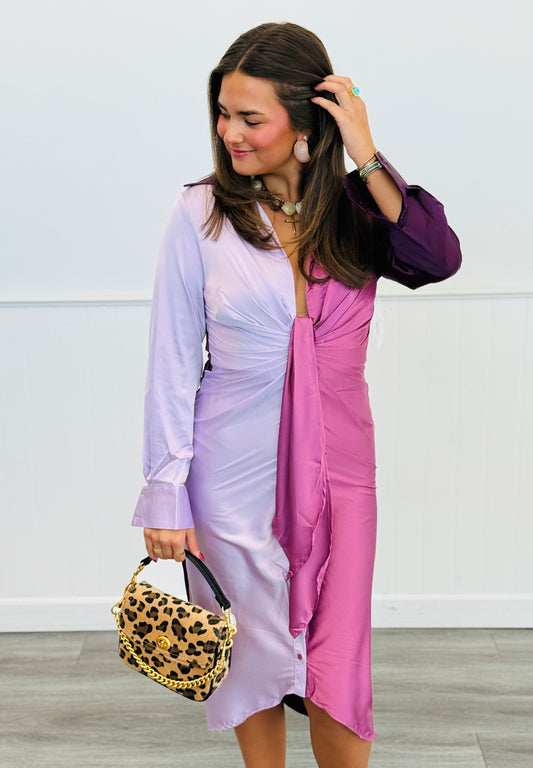Lilac/Purple Satin Front Tie Midi Dress (Reg.)