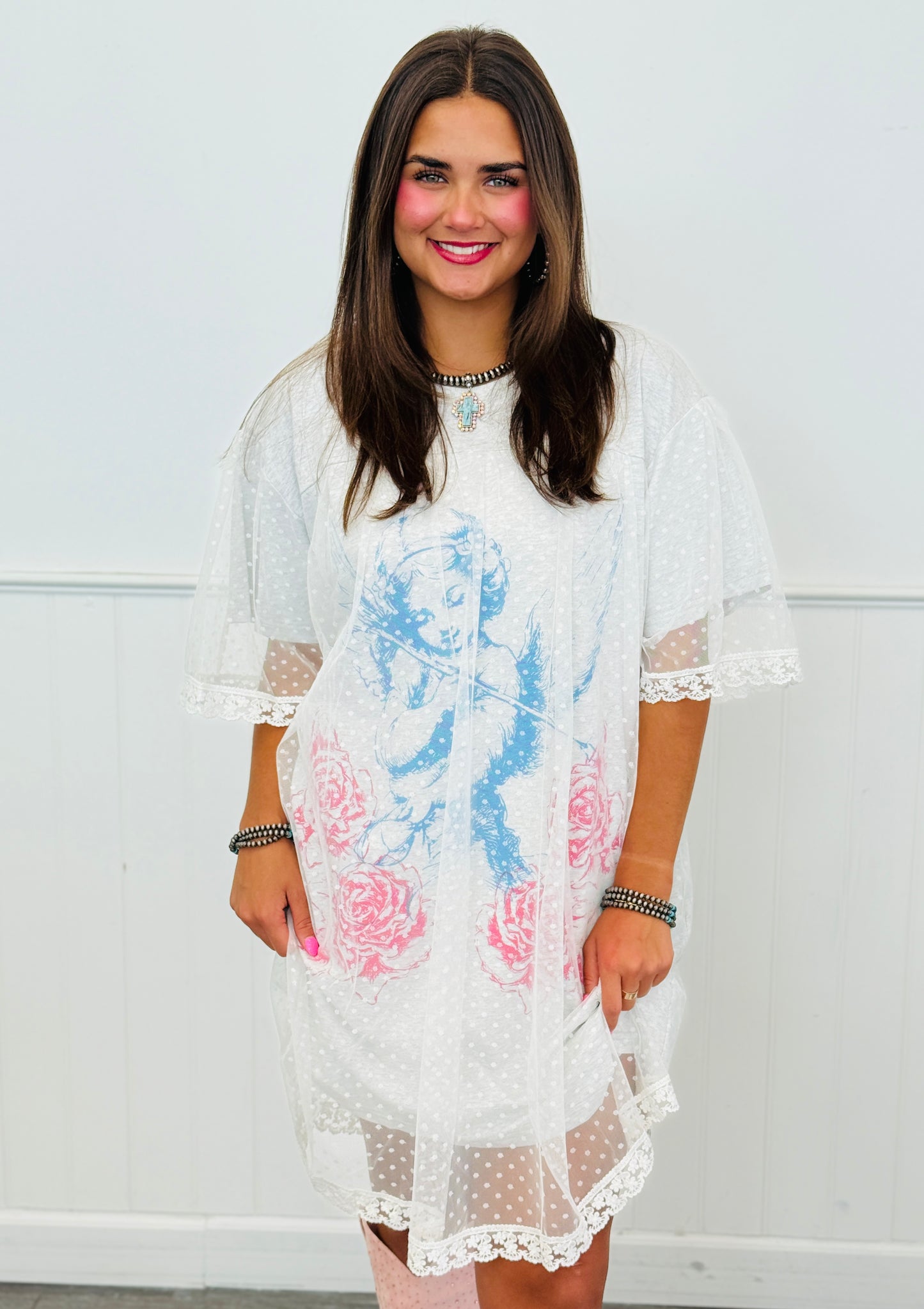 H Grey Mesh Dotted Lace Layered Angel Printed Shirt Dress (Reg. & Plus)