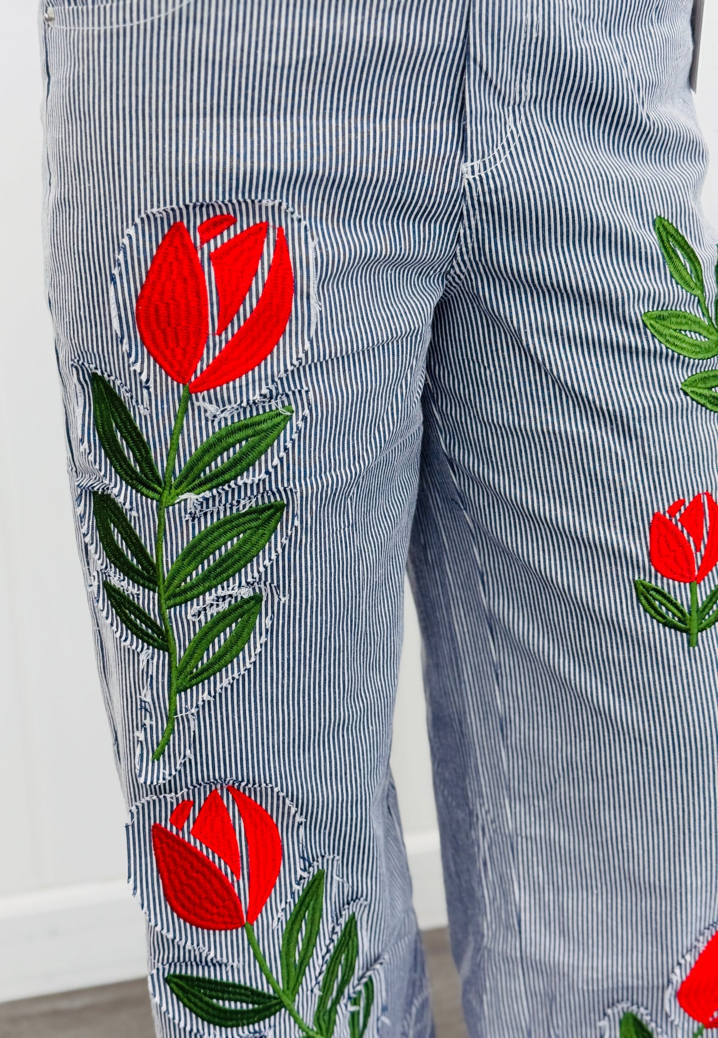 Striped Floral Embroidered Pants (Reg. and Plus) - 2 Colors