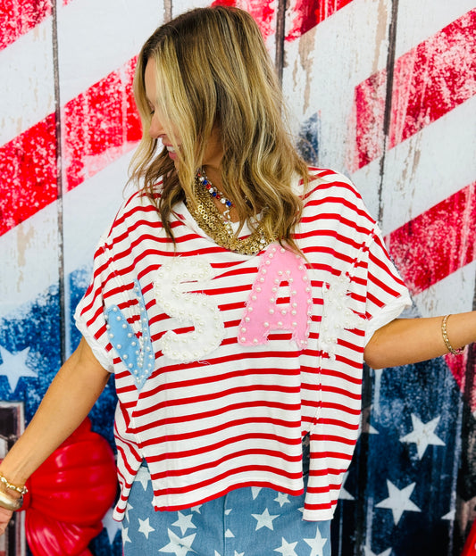 Red/Ivory Stripe Pearl USA Patch Oversized Top (Reg.)