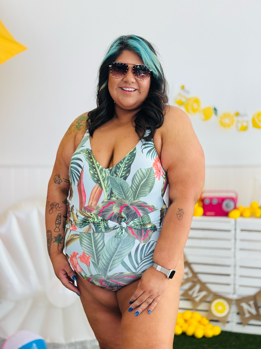 Leaf Print One-Piece Belted Swimsuit (Reg. & Plus)