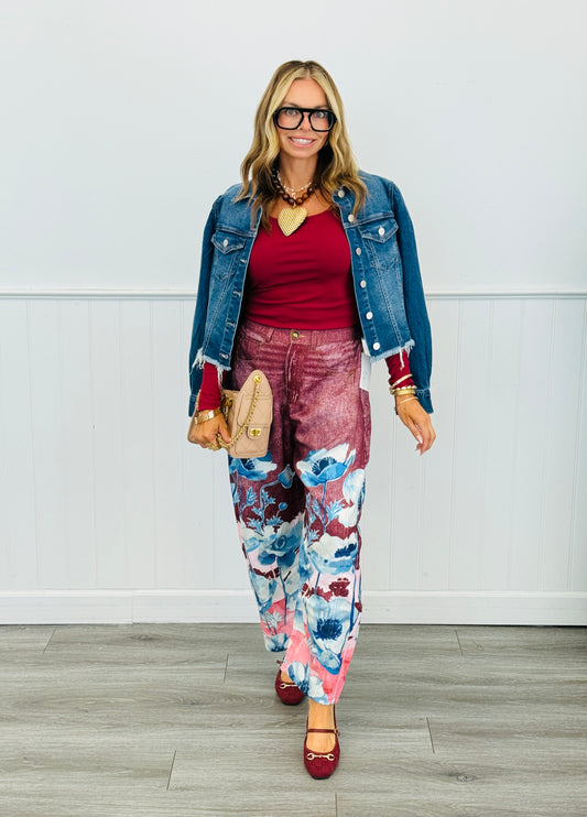 Brown/Burgundy Sublimation Print Denim Look Pants (Reg & Plus)