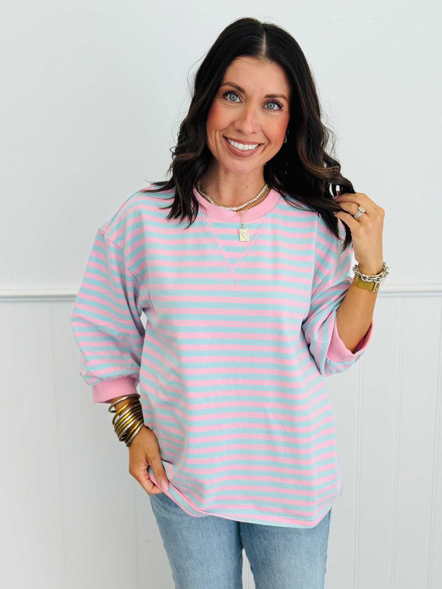 Striped Cross V Stitch Pullover Top (Reg.)-3 Colors