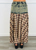 Brown Plaid & Denim Layered Maxi Skirt (Reg & Plus)