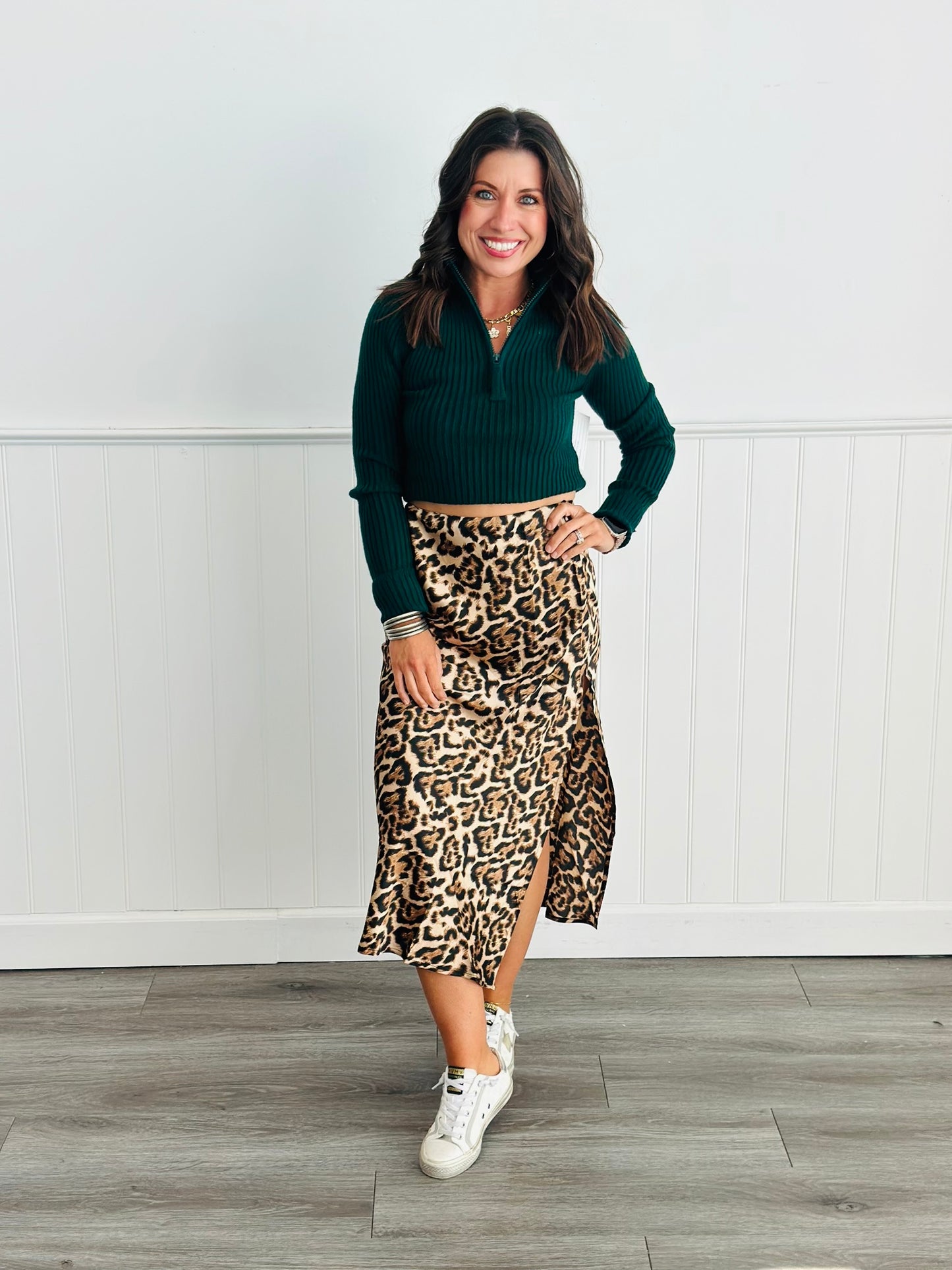 Leopard Satin Side Slit Midi Skirt ( Reg.)