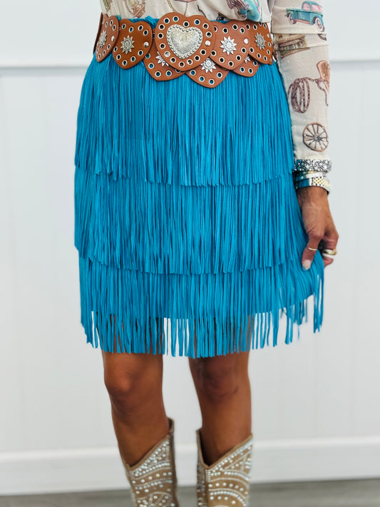 Teal Tiered Fringe Mini Skirt (Reg. & Plus)
