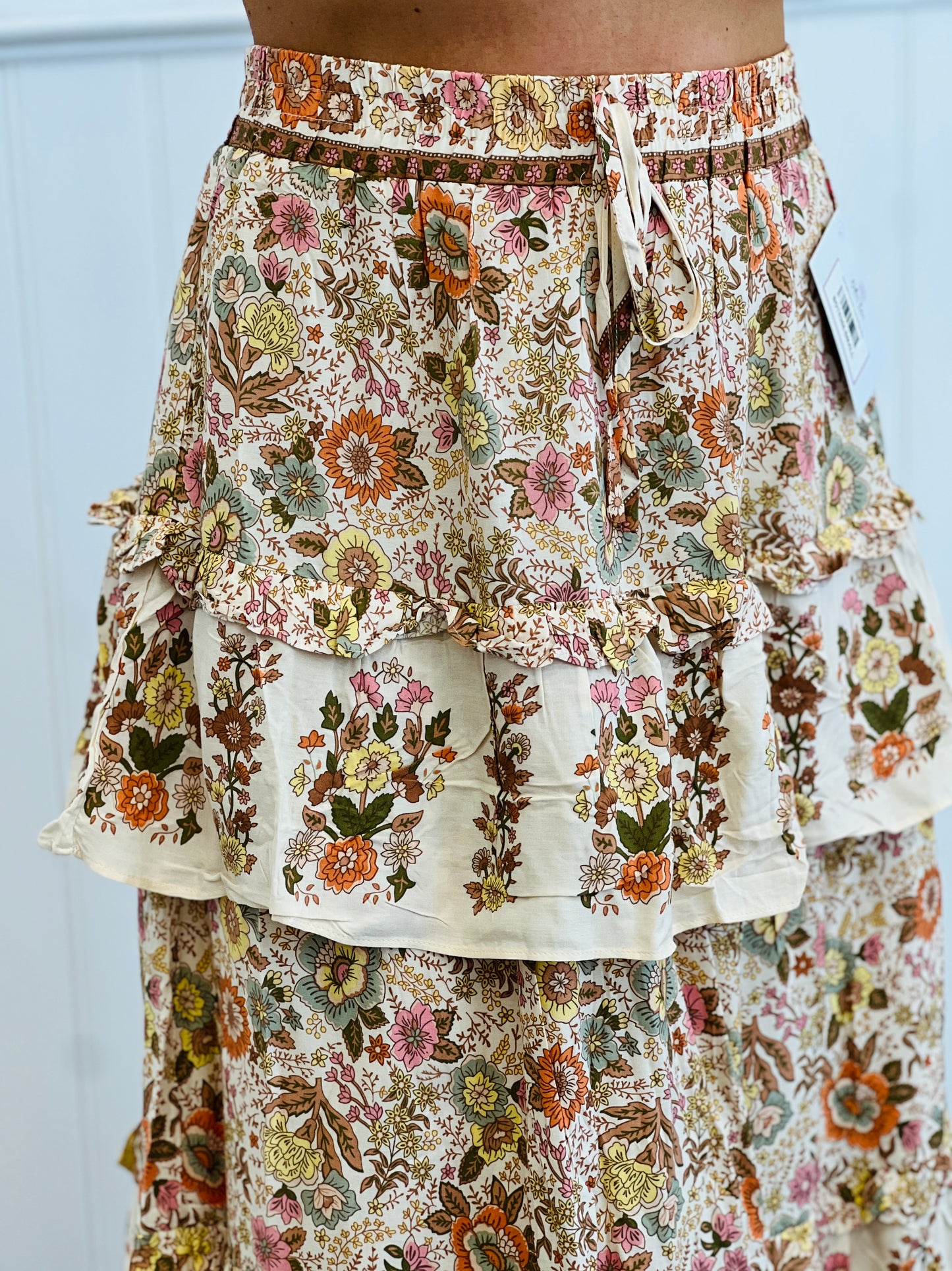 Cream Multi Floral Print Tiered Maxi Skirt (Reg.)