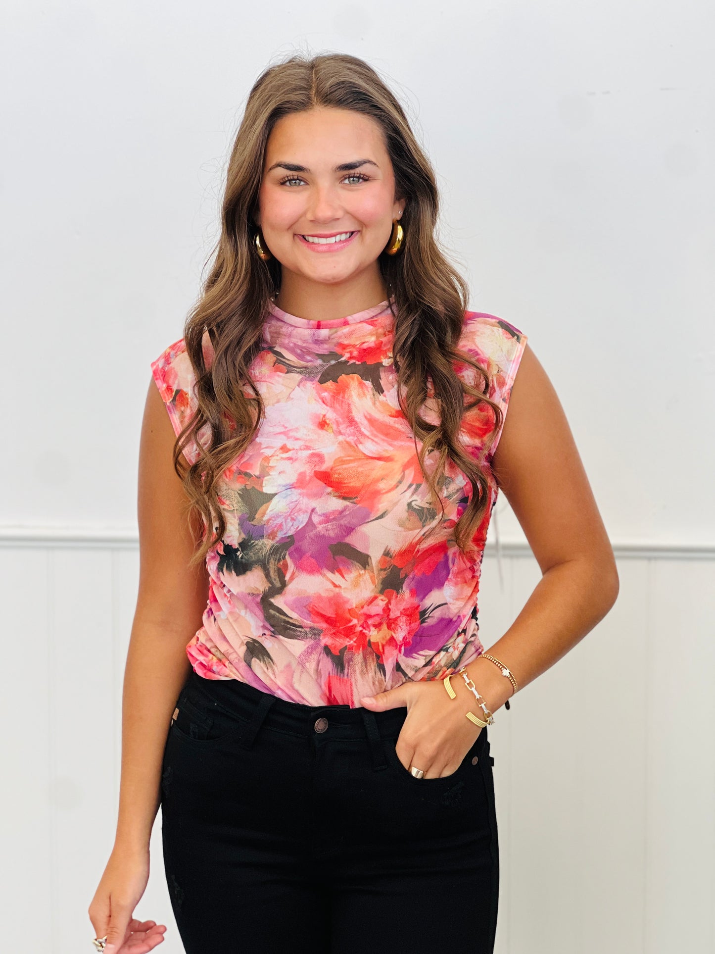 Coral/Purple Floral Sleeveless Mesh Top (Reg. and Plus)