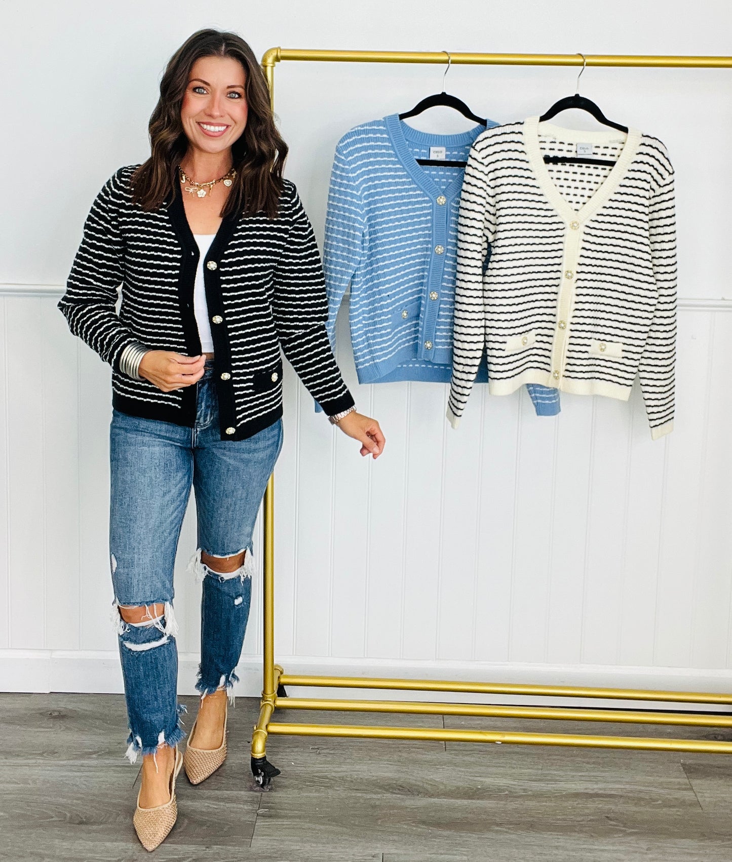 Striped V-Neck Sweater Cardigan (Reg)-3 Colors