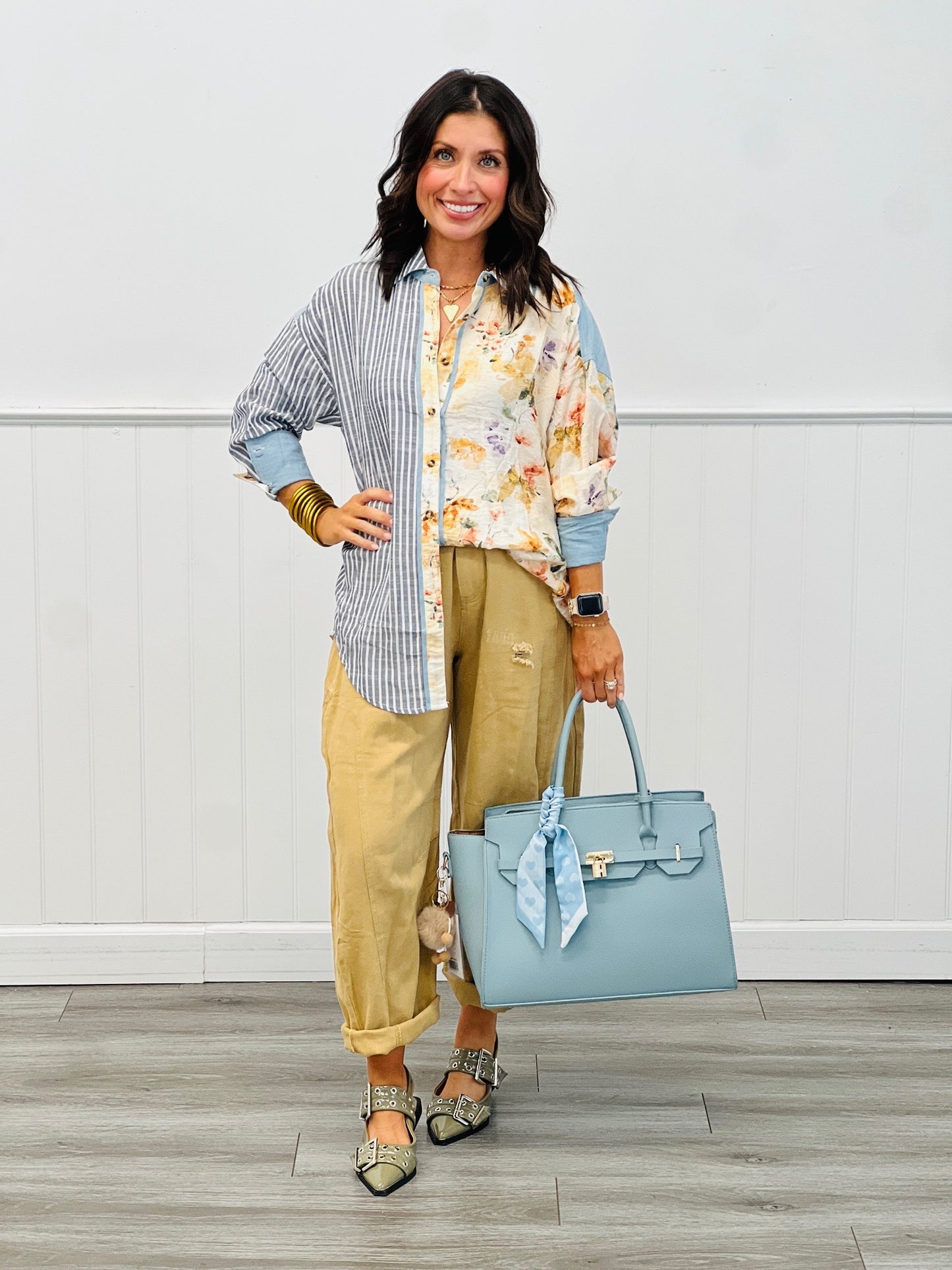 Denim/Ivory Floral & Stripe Button Up Top (Reg. and Plus)