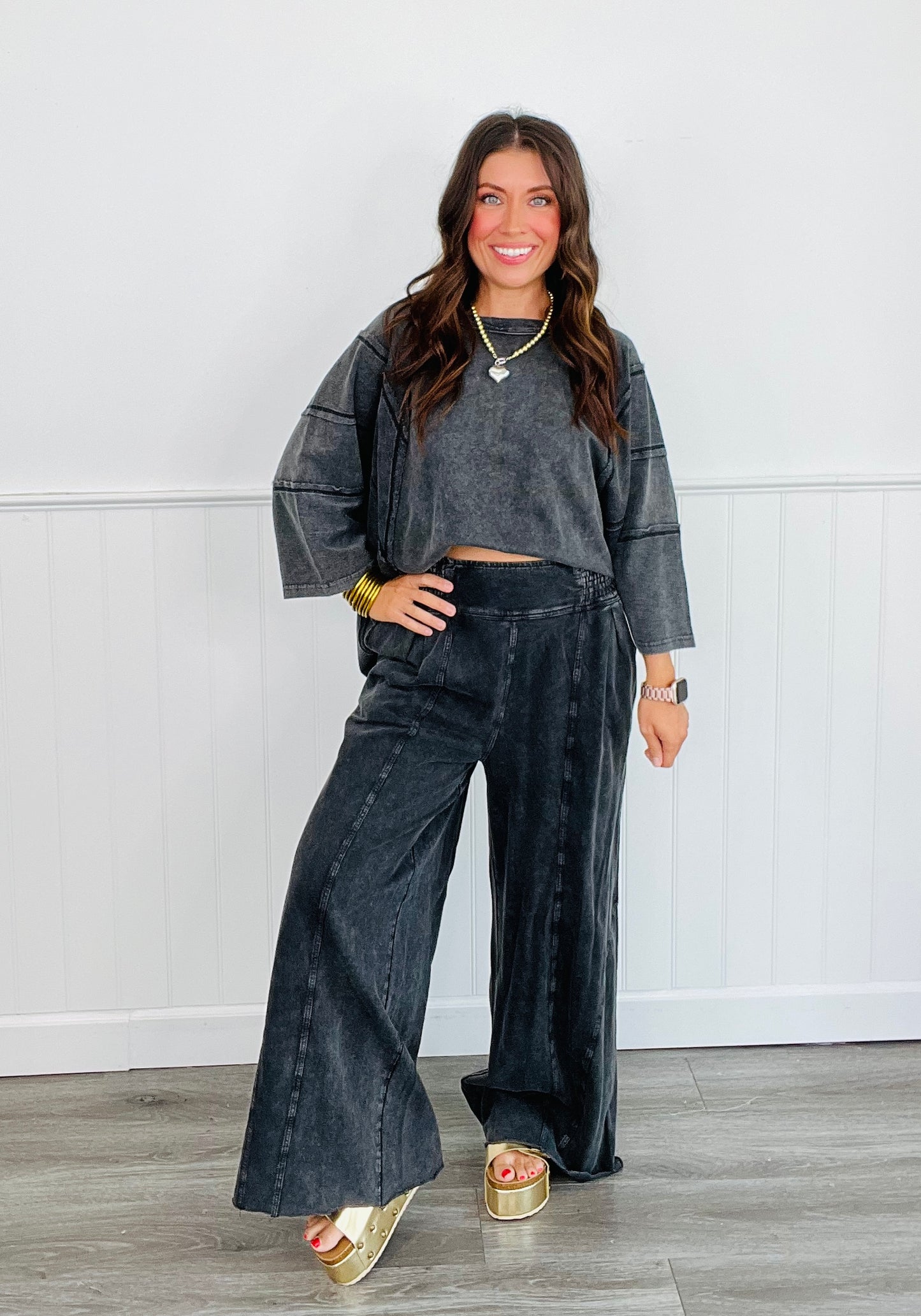 Black Mineral Washed Wide Pants (Reg)